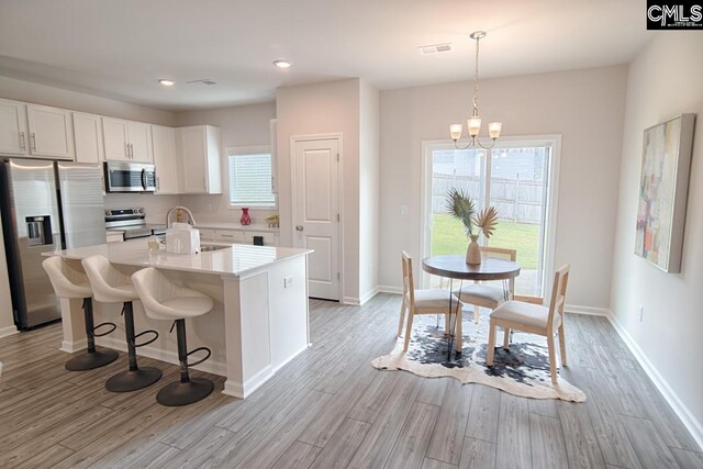 kitchen featuring a kitchen island with sink, white cabinetry, a healthy amount of sunlight, and appliances with stainless steel finishes