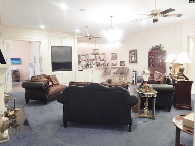 carpeted living room featuring crown molding