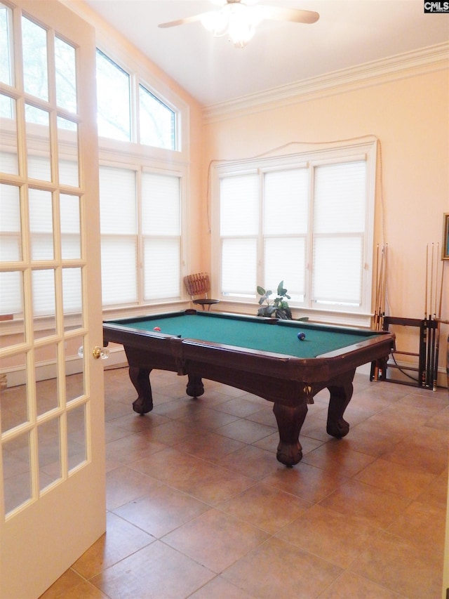 playroom featuring tile patterned flooring, ceiling fan, ornamental molding, and pool table