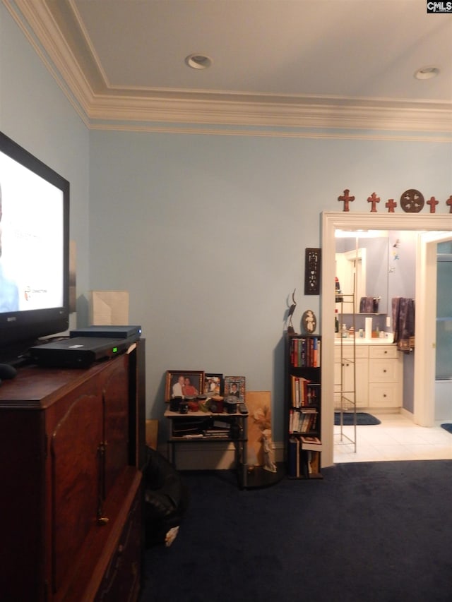 carpeted bedroom with crown molding