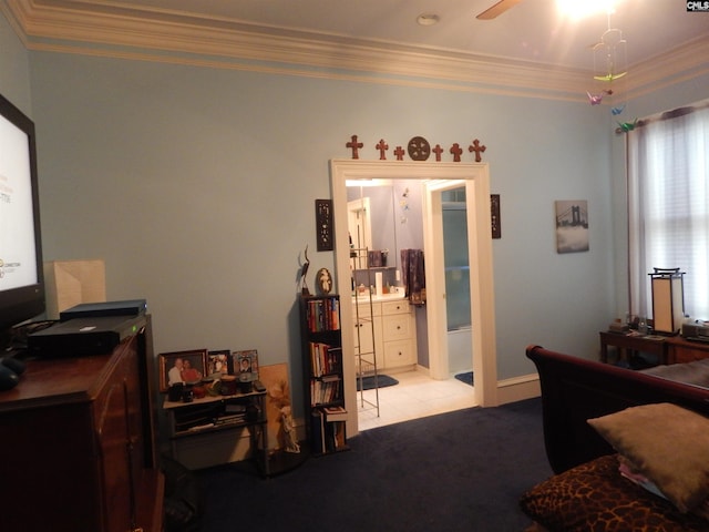 carpeted bedroom featuring connected bathroom and ornamental molding