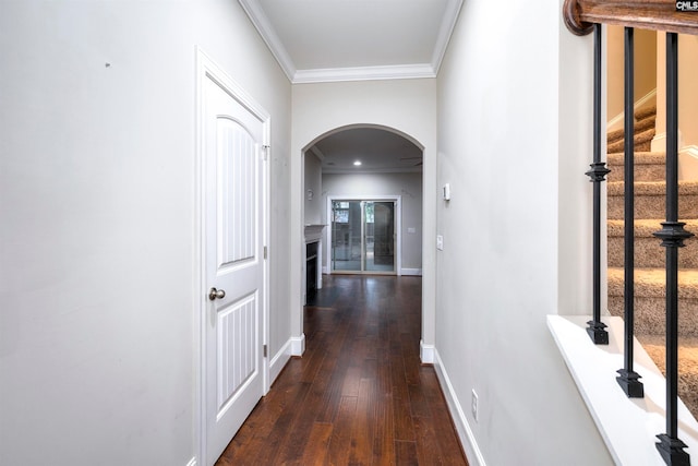 corridor featuring dark hardwood / wood-style floors and crown molding