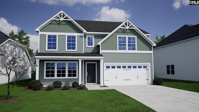 craftsman inspired home featuring a garage and a front yard