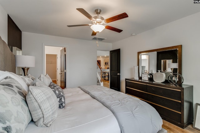 bedroom featuring a closet, a walk in closet, ceiling fan, and light hardwood / wood-style flooring