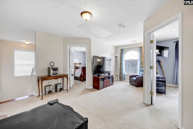 living room featuring a textured ceiling and light colored carpet