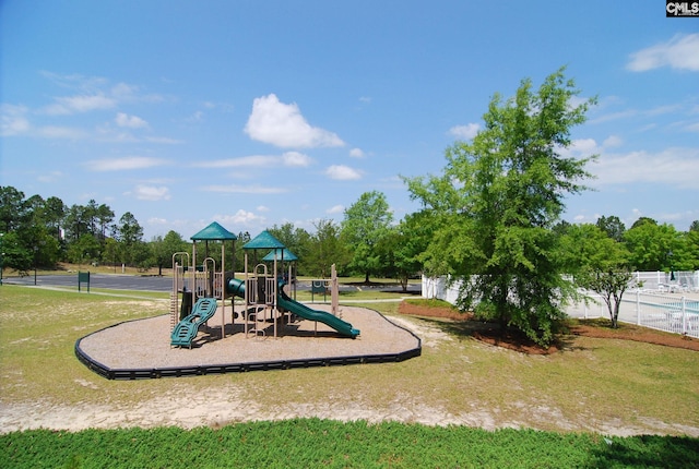 view of jungle gym with a yard