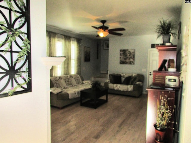 living room with ceiling fan and dark wood-type flooring