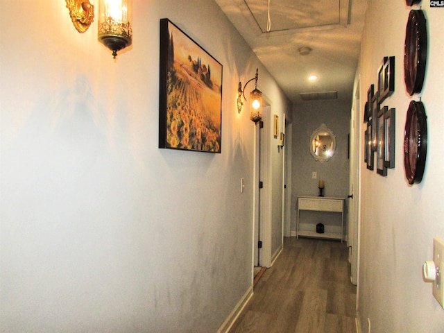 corridor with dark wood-type flooring