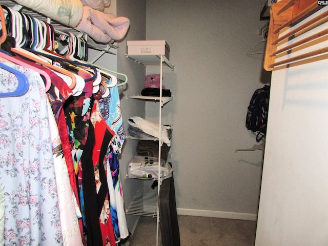 walk in closet featuring dark colored carpet