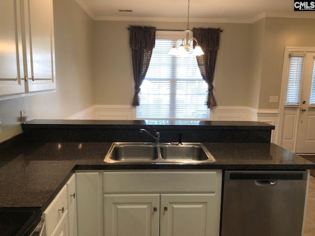 kitchen featuring dishwasher, white cabinets, sink, hanging light fixtures, and ornamental molding