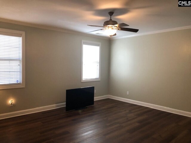 346 Arbor Oaks Ln, Irmo, SC 29063 - empty room with dark wood-style flooring, baseboards, a ceiling fan, and crown molding