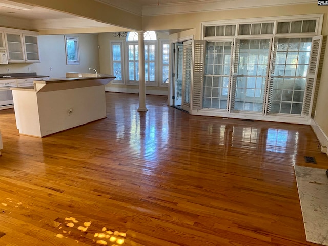 interior space featuring hardwood / wood-style flooring, ornate columns, and crown molding