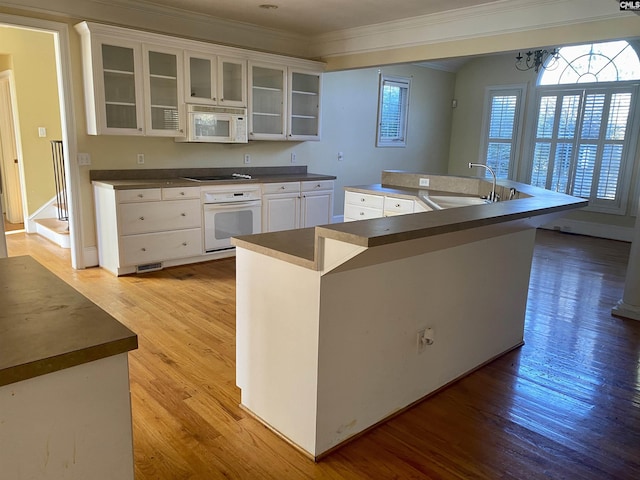 105 Overbranch Dr, Columbia, SC 29223 - kitchen featuring white appliances, a sink, ornamental molding, light wood-style floors, and dark countertops