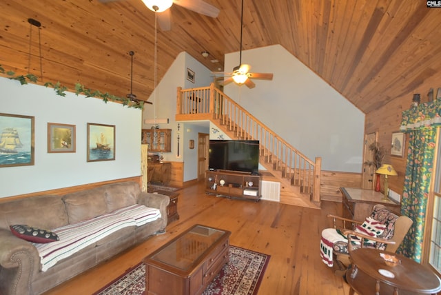 living room with ceiling fan, wooden ceiling, high vaulted ceiling, wood walls, and hardwood / wood-style floors