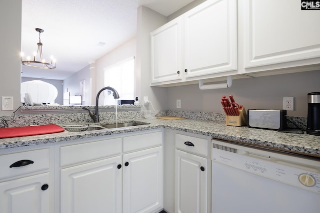 kitchen with white cabinetry, dishwasher, sink, a notable chandelier, and pendant lighting