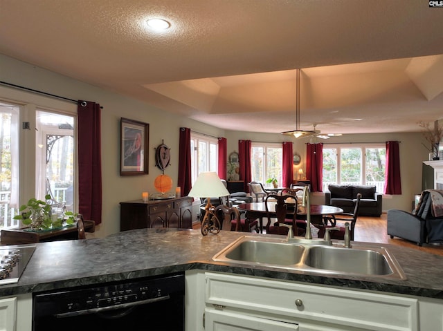 kitchen with dishwasher, sink, a textured ceiling, a tray ceiling, and white cabinets