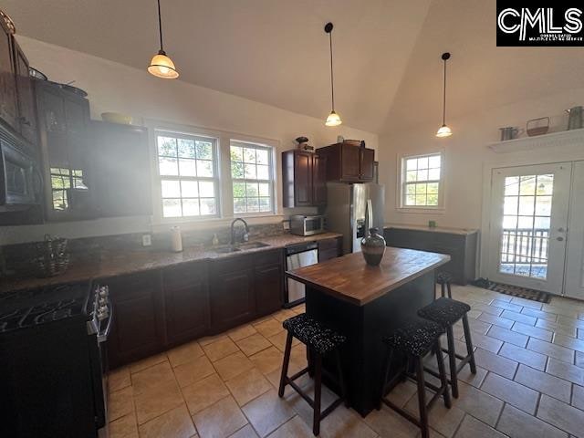 kitchen with appliances with stainless steel finishes, vaulted ceiling, a kitchen breakfast bar, and sink