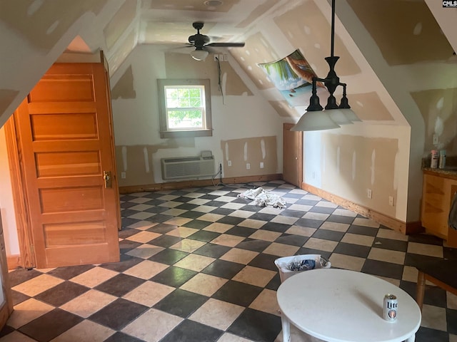 bonus room featuring a wall unit AC, ceiling fan, and lofted ceiling