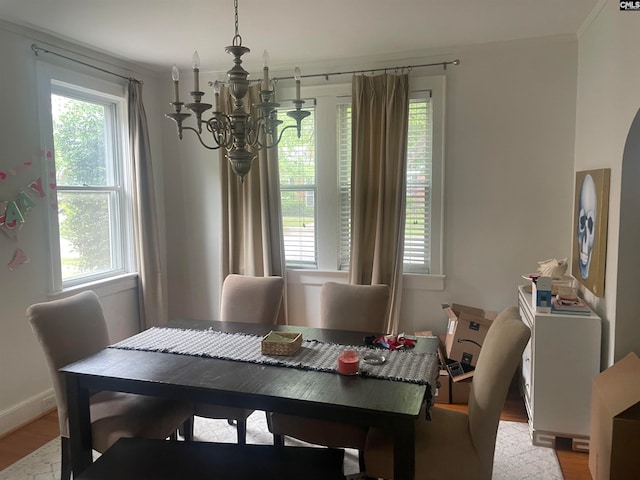 dining room with a wealth of natural light, light hardwood / wood-style floors, a notable chandelier, and ornamental molding