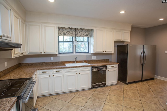 kitchen featuring ventilation hood, sink, white cabinets, and appliances with stainless steel finishes