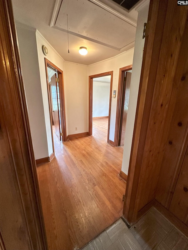 hallway featuring light wood-type flooring and crown molding