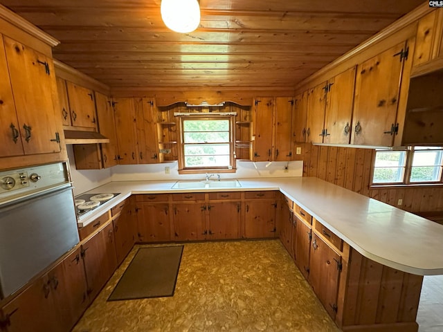 kitchen featuring kitchen peninsula, white cooktop, sink, wooden ceiling, and oven