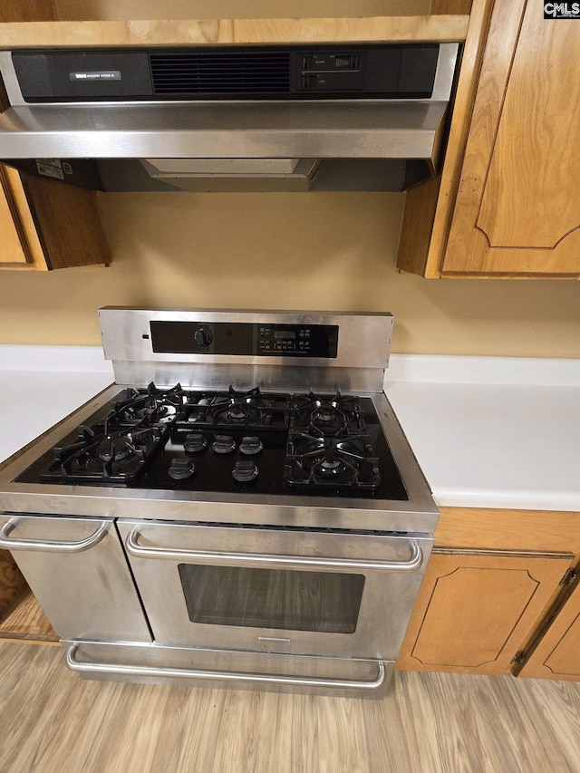 kitchen featuring stainless steel gas stove, light wood-type flooring, and range hood