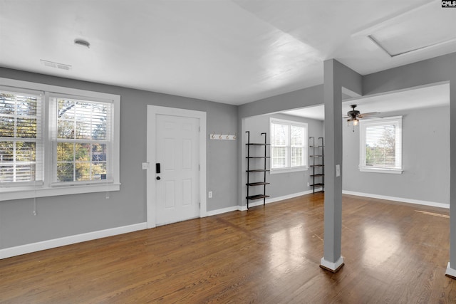 entrance foyer with ceiling fan and hardwood / wood-style flooring