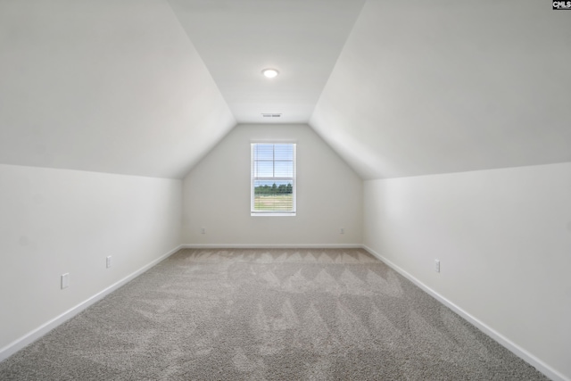 additional living space with light colored carpet and vaulted ceiling