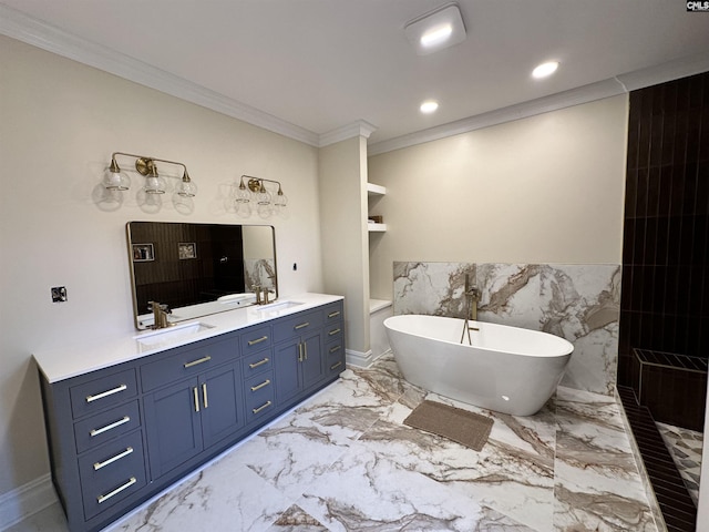 bathroom with vanity, a tub, tile walls, and ornamental molding