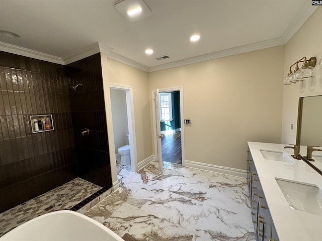 full bathroom featuring toilet, vanity, independent shower and bath, and ornamental molding