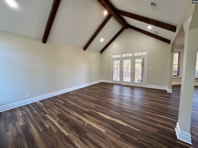 unfurnished living room with beamed ceiling, dark hardwood / wood-style flooring, and high vaulted ceiling