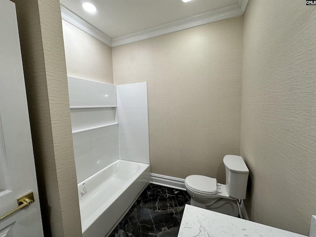 bathroom featuring toilet, ornamental molding, and shower / washtub combination