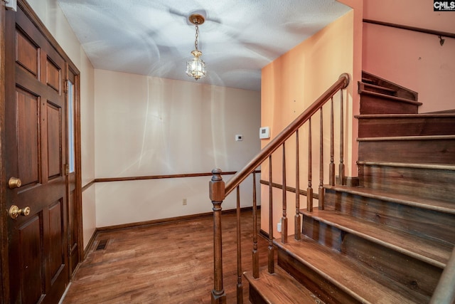 entryway with wood-type flooring and a textured ceiling