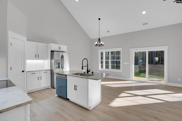 kitchen featuring sink, hanging light fixtures, high vaulted ceiling, a kitchen island with sink, and appliances with stainless steel finishes