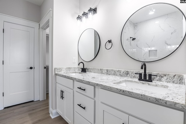 bathroom with hardwood / wood-style flooring and vanity
