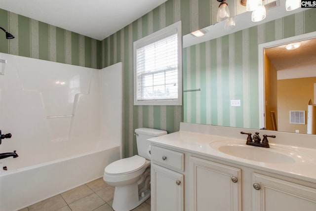 full bathroom featuring shower / washtub combination, wallpapered walls, toilet, vanity, and tile patterned floors