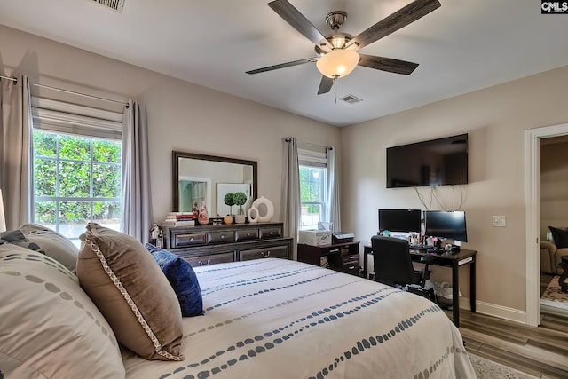 bedroom with light hardwood / wood-style flooring, multiple windows, and ceiling fan