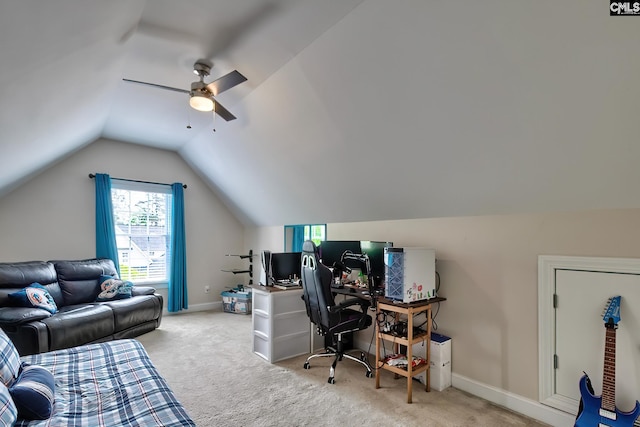 office with light colored carpet, vaulted ceiling, and ceiling fan