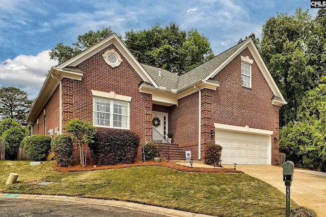 front of property with a garage and a front lawn