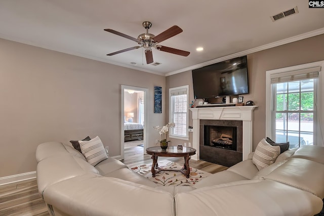 living room featuring ceiling fan, light wood-type flooring, and crown molding