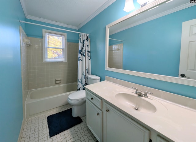 full bathroom with vanity, tile patterned floors, crown molding, toilet, and shower / tub combo