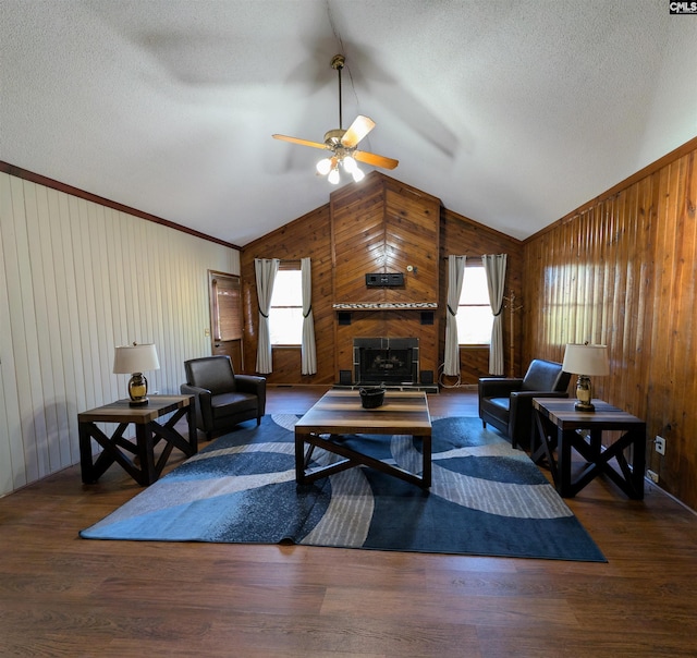 living room with ceiling fan, wood walls, dark hardwood / wood-style flooring, and a wood stove