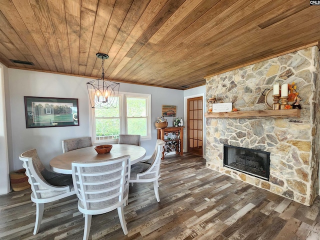 unfurnished dining area featuring a fireplace, dark hardwood / wood-style flooring, an inviting chandelier, and wood ceiling