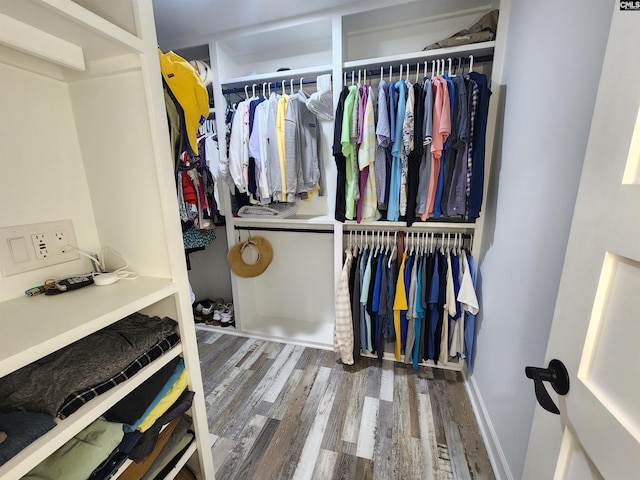 walk in closet with hardwood / wood-style floors