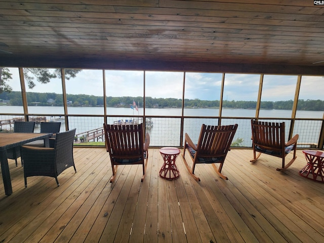 sunroom with plenty of natural light, a water view, and wood ceiling