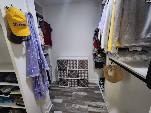 spacious closet featuring dark hardwood / wood-style flooring