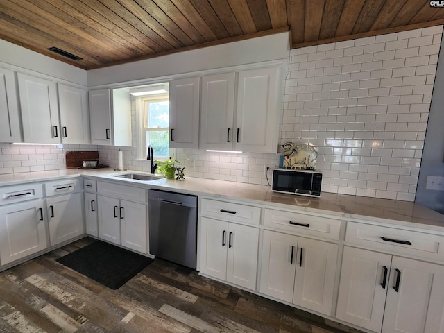 kitchen featuring white cabinetry, sink, dark wood-type flooring, wooden ceiling, and stainless steel dishwasher