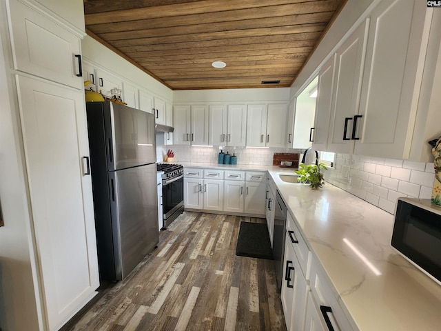 kitchen with white cabinetry, sink, stainless steel appliances, dark hardwood / wood-style floors, and wood ceiling