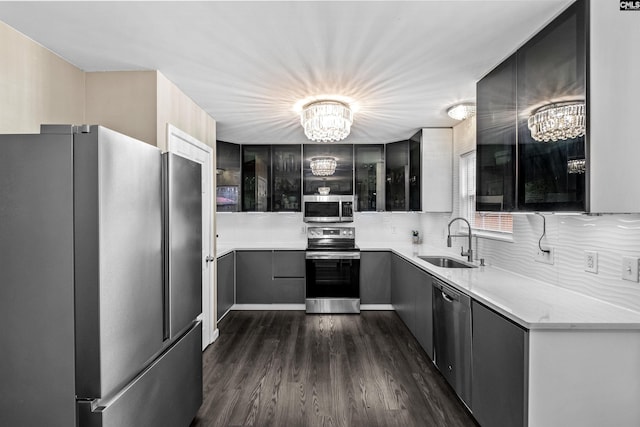 kitchen with sink, dark wood-type flooring, a notable chandelier, backsplash, and appliances with stainless steel finishes